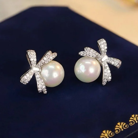 Silver Pearl Rhinestone Bow Decor Stud Earrings For Women Jewelry Gift Wedding - Picture 2 of 3